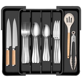 Spaclear Kitchen Silverware Organizer for Drawer - Expandable Silverware Drawer Organizer Adjustable Utensil Drawer Holder, Flatware Cutlery Tray for Spoons Forks Kitchen Organizers Storage,Black, S