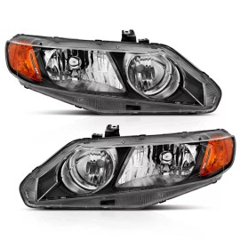 ANZO For 2006-2011 Honda Civic 4 Door Crystal Headlight Black Amber (OE