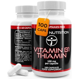 Thiamine Vitamin B1 100mg Capsules - 100 pcs (3+ Month Supply) of Rapidly Disintegrating Capsules, Each with 100 mg of Vit B1 Thiamin Mononitrate Powder