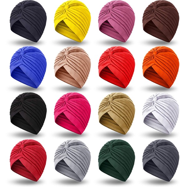 16 Pieces Stretch Turban Headwrap Polyester Cap India Turban Head Bennie Cover Twisted Pleated Head Wrap Headwear for Women Girls, 16 Colors