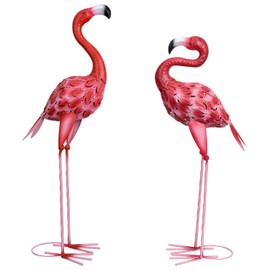 SUNREEK 2Pcs Metal Flamingo Statues, Hot Pink Flamingo Outdoor Decor for Garden Home Patio Lawn Backyard Ornaments