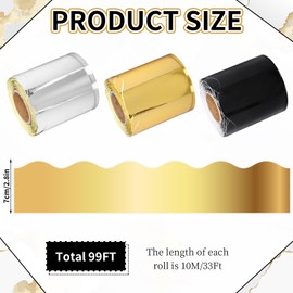 FYSUIMU 99 Ft Shine Gold Silver Black Bulletin Board Border Holographic Scalloped Border Trim Self Adhesive Bulletin Board Stickers Roll for School Classroom Office Party Decor, 3 Rolls