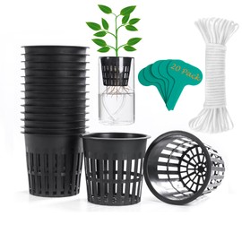 ORIMERC 4 inch 20 Pack Net Cup Pots, with 20 feet Self-Watering Rope, 20 Plant Labels, for Hydroponic Aquaponics Kratky Orchid Vegetable Indoor Outdoor Growing Baskets Nursery Slotted Mesh BPA Free