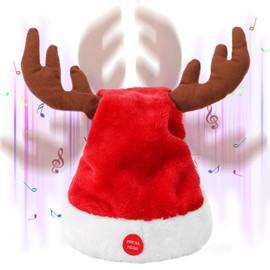 SdeNow Interactive Musical Santa Hat with Swinging Reindeer Antlers Electric Dancing Singing Plush Christmas Hat for Party Decor, Adults & Kids