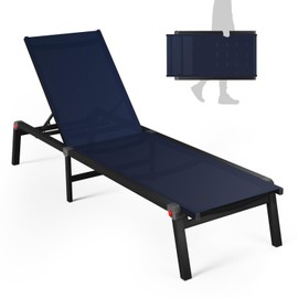 WOAJNQO Aluminum Chaise Foldable Patio Lounge Chair Outdoor,Adjustable 5-Position Recliner Pool Lounge Chair,Full Flat Tanning Chair for Patio,Beach,Pool,Outdoor Lounge Chairs,Navy Blue