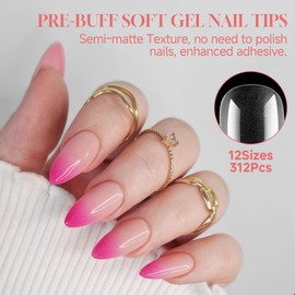 UNA GELLA UNA GELLA Stiletto Gel Nail x Tips Full Cover 312Pcs No C Curve Stiletto Nail Tips Pre-buff Press On Nails Half Matte Almond Gel Tips for Nail Extension DIY Salon 12 Sizes
