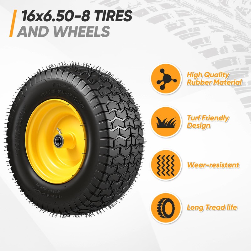 16x6.50-8 Tubeless Tire and Wheel, 16x6.5-8" Lawn Mower Tires, 3/4"