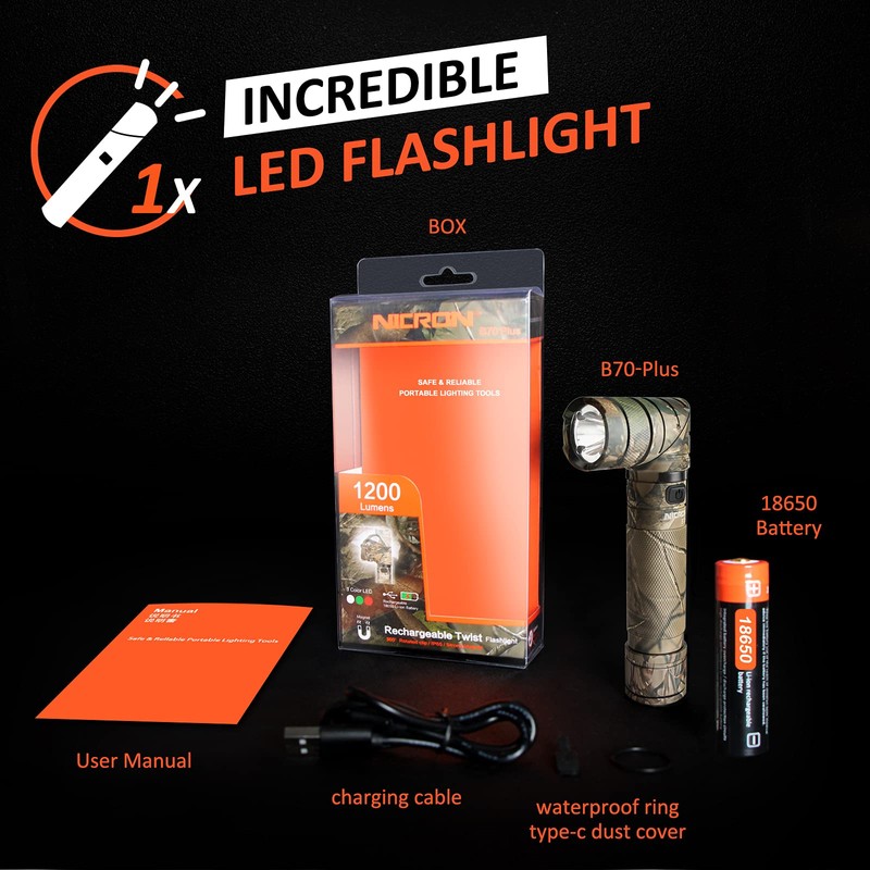 NICRON Flashlight, Rechargeable Twist Flashlight B70 Plus 1200 Lumen LED