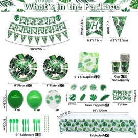 Tropical Palm Leaf Party Supplies - Hawaiian Luau Party Decorations Set Including Plates, Napkins, Cups, Tableware, Tablecloth, Balloons, Banner for Aloha Summer Beach Birthday Party - Serves 20