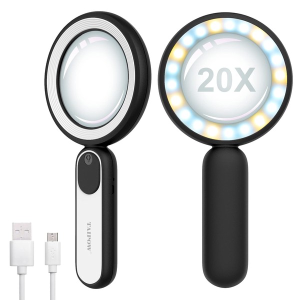 Taipow Magnifying Glass with Light, Rechargeable Handheld Magnifier Ultra Bright 21 LEDs 20x Optical Glass Lens - Black