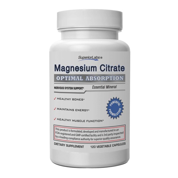 Superior Labs Magnesium Citrate 1250mg, High Absorption, Non-GMO, Additive-Free &