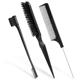 AOOWU Sleek Bun Brush, 3-Piece Toupee Comb Set with Rat Tail Comb and Bristles, Hair Brush, Double Edges Toupee Brush, Hair Brush Care Edges Handle Comb Combs for Hairdresser Women Children