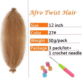 Springy Afro Twist Hair 12 Inch 3 Packs Pre Fluffed Marley Twist Braiding Hair for Black Women (12 inch, 27#)