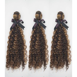 P4/27 Curly Highlight Bundle Wave Human Hair 1 Bundles Brazilian Remy Hair Weaves For Women Brown Bundle Hair Extensions Bundle 16 Inch