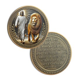 Jesus and Loin Christian Challenge Coin, Revelation 5:5 Bible Verses Coin - Bronze Christian Prayer Pocket Token - Religious Gifts for Men Women