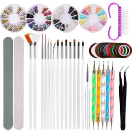 Nail Art Design Kit, Nail Accessory Kit with Rhinestones Decoration, Nail Brush, Colours Rolls, Strip Tape Line and Tweezers