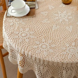 SouthMage Hand Crochet Lace Round Tablecloth Decorative Handmade Rustic Farmhouse Cotton Beige Fabric Table Cover 48 inches Diameter