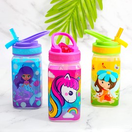 Home Tune 15oz Kids Water Drinking Bottle - BPA Free, Wide Mouth, Flip Sip Top, Easy Open, Lightweight, Leak-Proof Water Bottle with Cute Design For Girls & Boys - 3 Pack Unicorn & Fairy & Mermaid