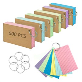 Flash Cards 600 PCS Revision Cards Kraft Paper Notecards 5 * 3 Inch Multicolor Lined Flshcards with 6 Metal Binder Ring for Office Home School Learning Record