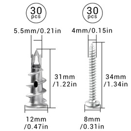 Mbsomnus 30pcs Heavy Duty Plasterboard Fixings Plasterboard Wall Plug with Plasterboard Screws Metal Self-Drill Hollow Wall Fixings Dry Wall Anchor for Composite Boards Stone Concrete Ceiling