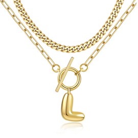Thaivor Bubble Letter Necklace Layered Gold Initial Necklaces for Women Dainty Gold Initial Choker Chain Necklace Gold Jewelry for Women Gifts (L)