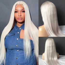 KINCYDU 13x4 White HD Lace Lace Front Wigs 28 Inch White Color Natural Straight Lace Frontal Wig Pre Plucked with Baby Hair Wig 200% Density Synthetic Heat Resistant Fiber Hair For Black Women
