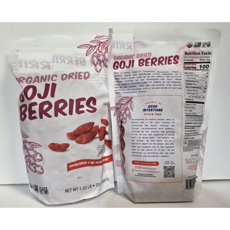 Made Nature Organic Sun Dried Unsulfured GOJI Berries 20oz 567g