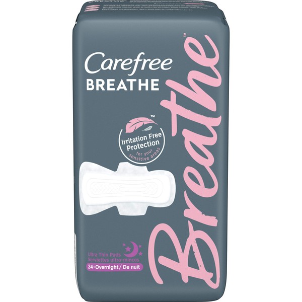 Carefree Breathe Ultra Thin Overnight Pads with Wings, White, Unscented, 24 Count