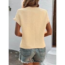 Samefar Womens Casual Tops Round Neck Ruffle Short Sleeve Blouse Solid Textured Business Work Shirts Tee Apricot Medium