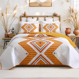 Heymybed Boho Quilt Set King Size, Aztec Texture Coverlet Burnt Orange Bedspread Bohemian Bed Cover, Microfiber Soft Lightweight Bedding Sets for All Seasons (106"×92")