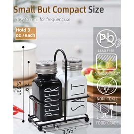 Black & White Glass Salt And Pepper Shakers Set With Stainless Steel Lid,Farmhouse Decor for Kitchen,Kitchen Gadgets for Thanksgiving,Cute Salt Shaker With Mental Holder,No Rubbing Off(BLACK & WHITE)