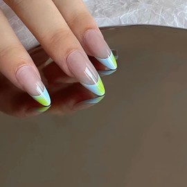 Dikixe Almond Press On Nails Medium Green Blue Gradient French Tip Nude Glossy Full Cover Acrylic Nails 24 Pcs Salon Reusable Fake Nails with Strong Nail Adhesive Tabs for Women Girls