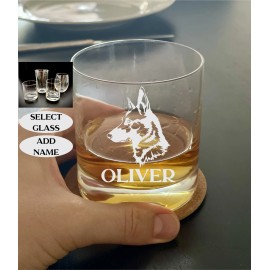 Unbranded BELGIAN MALINOIS Face ENGRAVED on Rocks or Stemless Glass CUSTOM NAME,Dog ETCHED - Beer Pint Glass 16oz, Image and Custom Name