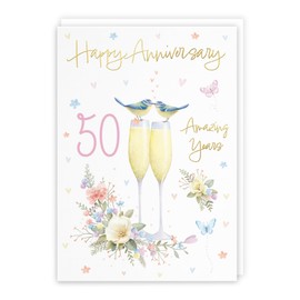 Hunts England - 50th Anniversary Card For Him Or Her - A5 Size - Champagne Flutes - Gold Foil - Luxury 50th Anniversary Card For Couples, Partner, Husband, Wife, etc. - Milo's Gallery