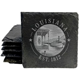 Louisiana Steamboat River Scene Slate Coasters for Drinks, Vintage State Seal Design with Paddle Wheel Boat and Historic Balcony, Rustic Home Decor Gift Set, Handcrafted in USA (Set of 8)