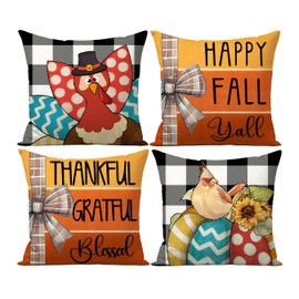 FUYUCHEN Happy Fall Thanksgiving Pillow Covers 18x18 Inch Turkey Cardinal Pumpkins Buffalo Plaid Throw Pillow Cases for Thankful Harvest Holiday Farmhouse Decorations Sofa Couch Set of 4