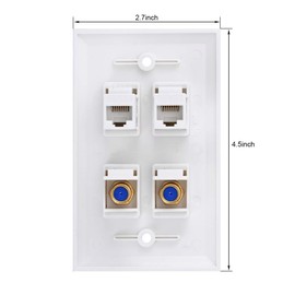Ethernet Coax Wall Plate - Cat6 F Type Wall Plate, 2 Port Cat6 Keystone and 2 Port F Type Connector Coax Keystone - White