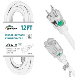 HONDERSON Indoor Outdoor Extension Cord Weatherproof with Lighted End, UL Listed, 12 Gauge 12FT White 3 Prong Heavy Duty, 12/3 SJTW 15A Power Cord for Outdoor Lights, Lawn