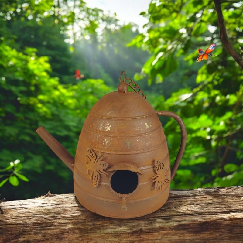 Metal Teapot Bird House in Rust Effect for Hanging