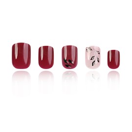 Short Press on Nails Square Fake Nails with Leaves Designs Red Full Cover Glue on Nails Press ons Glossy False Nails Acrylic Artificial Stick on Nails for Women 24 Pcs