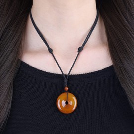 AmorWing Adjustable Round Donut Orange Agate Semi Precious Stones Protection Pendant Necklace