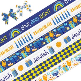 6 cintas de grogrén de Hanukkah de 3/8 pulgadas de Janucá azul blanco, cintas de decoración de 5 yardas, palabras de la estrella de David Menorah cintas de manualidades para fiestas judías de Janucá, Hanukkah, regalo de día festivo, suministros de bricol