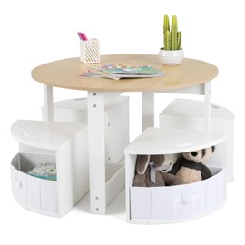 INFANS Toddler Table and Chair Set, Wooden Table and 4 Chairs with Nesting Design, Storage Drawers, Children Multi-Activity Table for Art, Crafts, Draw, Read for Boys Girls Aged 3+ (Natural)