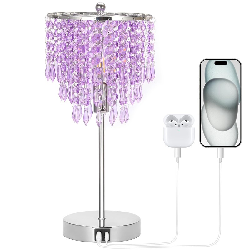 USB Bedside Crystal Lamp, 3 Way Dimmable Touch Nightstand Lamp