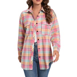 Oyamiki Womens Button Down Oversized Flannel Shirts Long Sleeve Plaid Business Casual Blouse Pink Top
