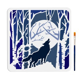 MAYJOYDIY Howling Wolf Stencil Forest Full Moon Wolf Stencil 30 x 30 cm with Brush Reusable Wild Animal Stencils DIY Crafts Wall Wooden Canvas Home Decor