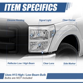 Auto Dynasty Headlights Assembly Compatible with 2011 2012 2013 2014 2015 2016 Ford F250 F350 F450 F550 Super Duty 11 12 13 14 15 16, Driver and Passenger Side, Chrome Housing Clear Corner