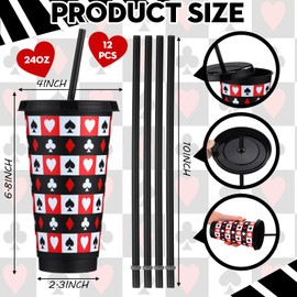 12 Pack Casino Theme Party Favors Casino Gift Cups for Birthday Decoration Supplies 24 oz Plastic Poker Cups with Lids and Straws for Las Vegas Night Party Favors Prize