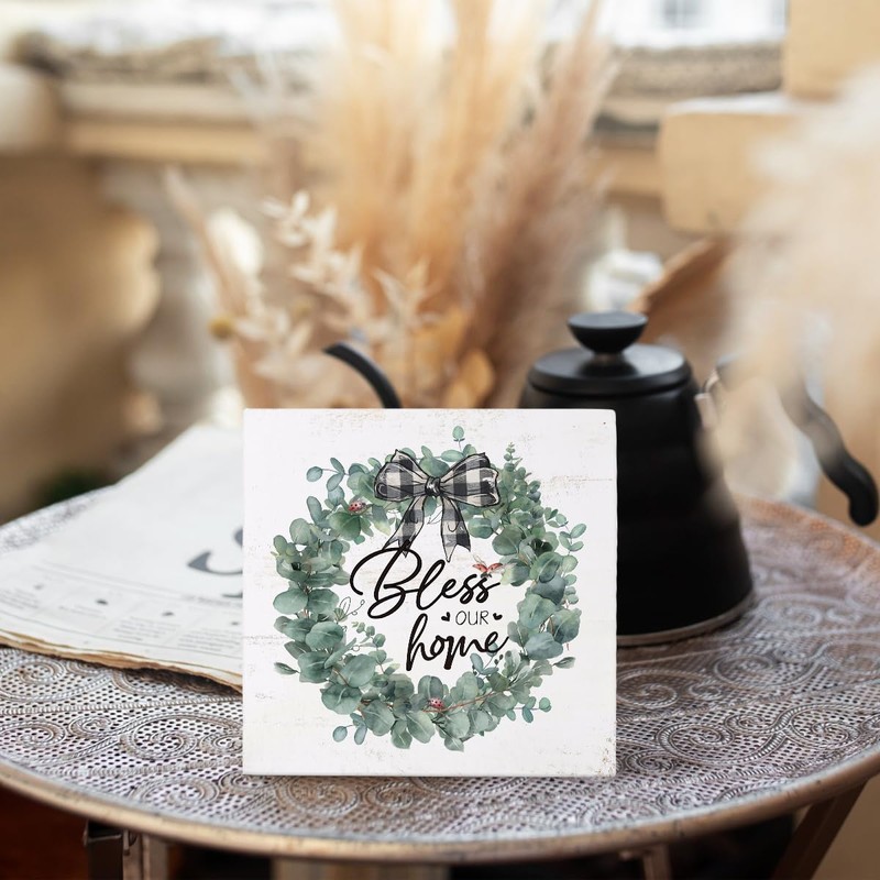 Bless Our Home Sign Wood Box Desk Decor,Spring Botanical Eucalyptus