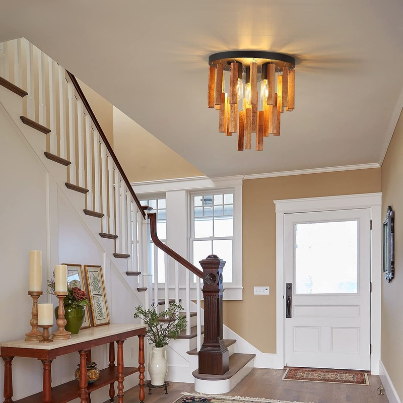 MOUJOE Wood Ceiling Light Fixture 3-Light Semi Flush Mount Light